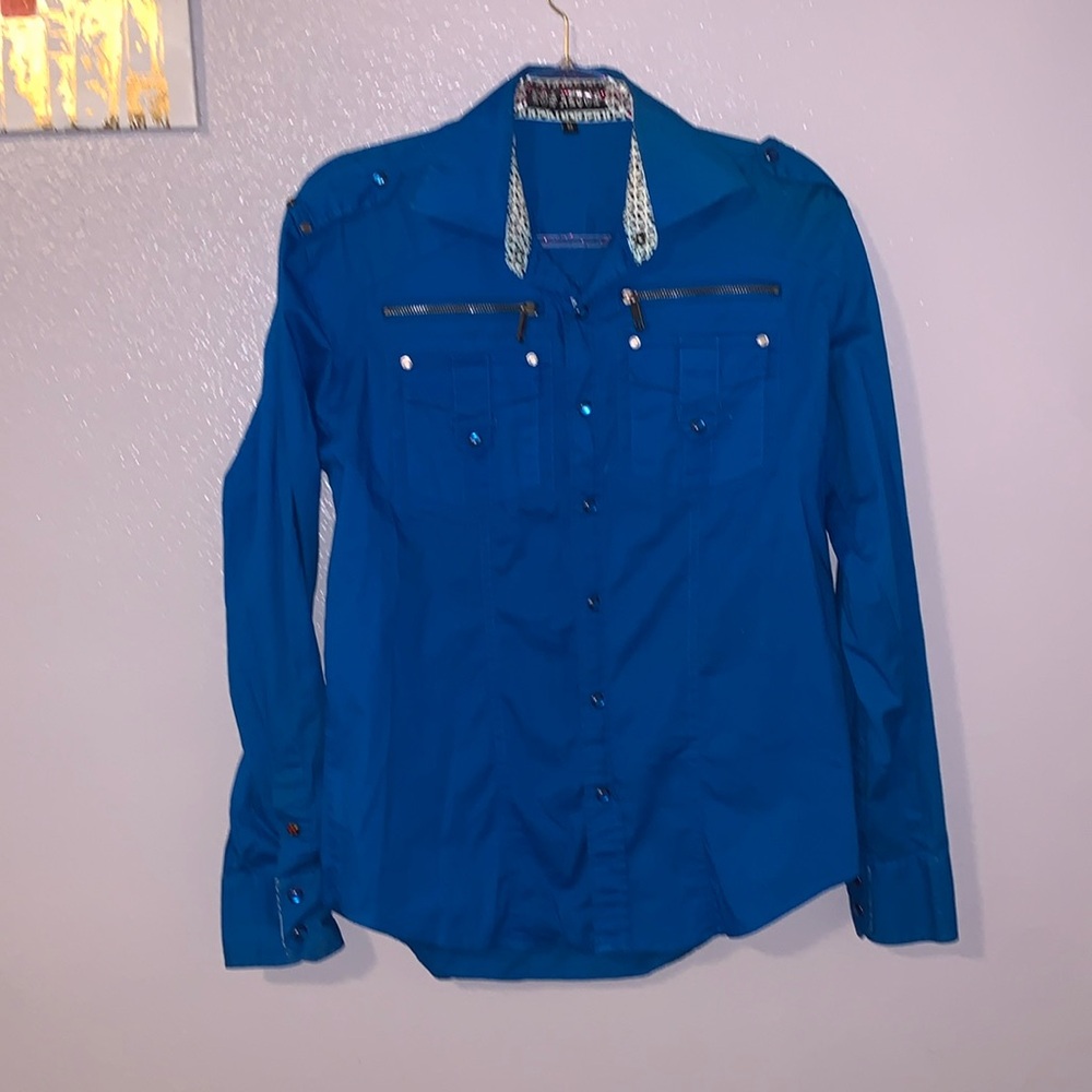 Los Altos Western Beautiful Blue Snap Button Long Sleeve Button Down Shirt